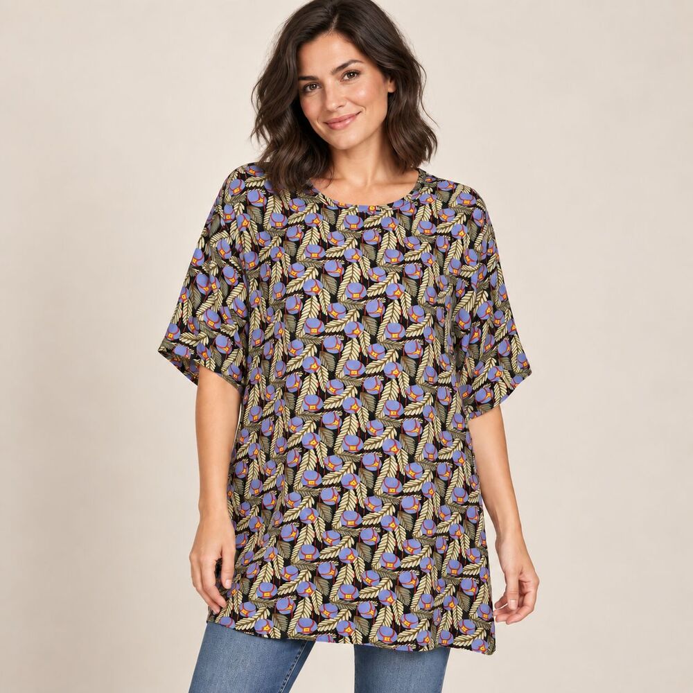FLAX Jeanne Engelhart Large Floral Rayon Tunic Top Oversized Lagenlook Boho